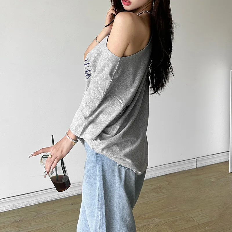 Casual Relax Woman T-shirt Letter Women Oversized One Shoulder Tops Versatile Street Atmosphere Style 2025 new Fashionable Tops