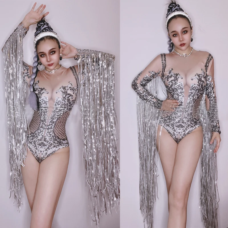 

Nightclub Bar Dj Ds Pole Dance Clothing Gogo Costumes Sexy Exaggerated Long Tassels Sleeves Bodysuit Women Rave Outfits XS5271