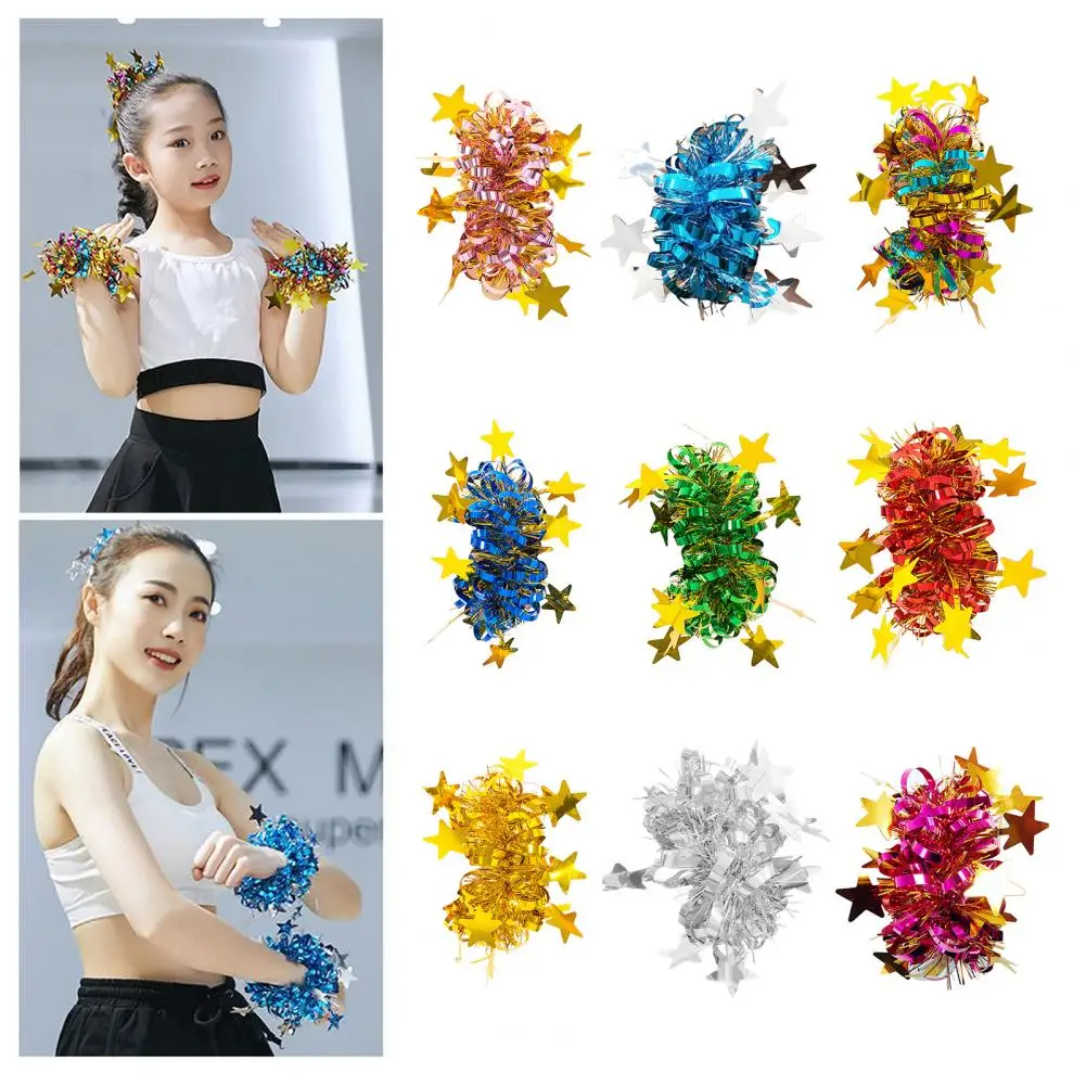 2Pcs Kids Dance Wrist Flower Star Decor Elastic Rubber Band Wristband Pom Poms Children Performance Party Wear Accessory