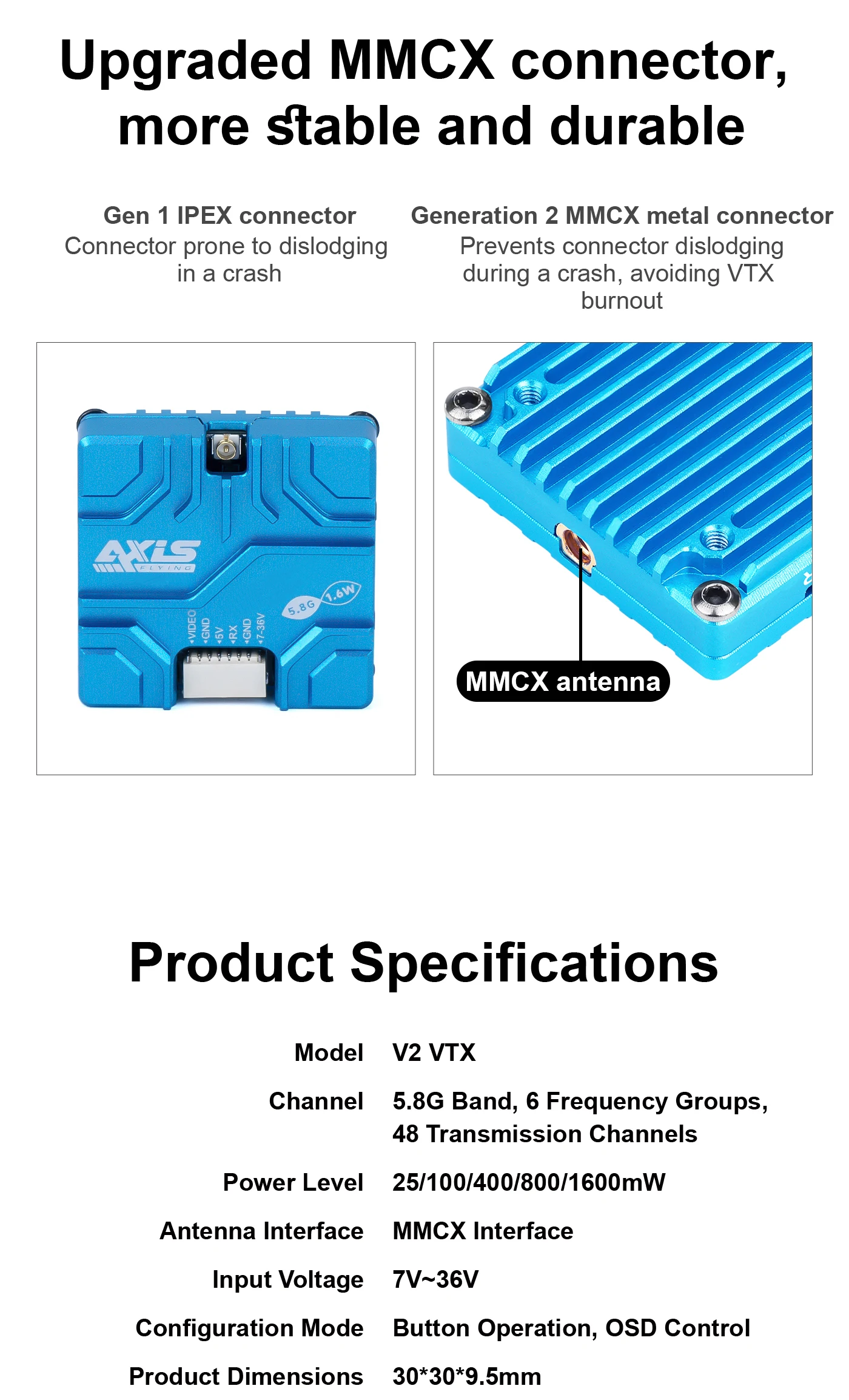 Axisflying VTX 5.8G 1.6W Analog image transmission, long range VTX for FPV Freestyle RC Long Range Drone 5/7/10inch thumbnail 3