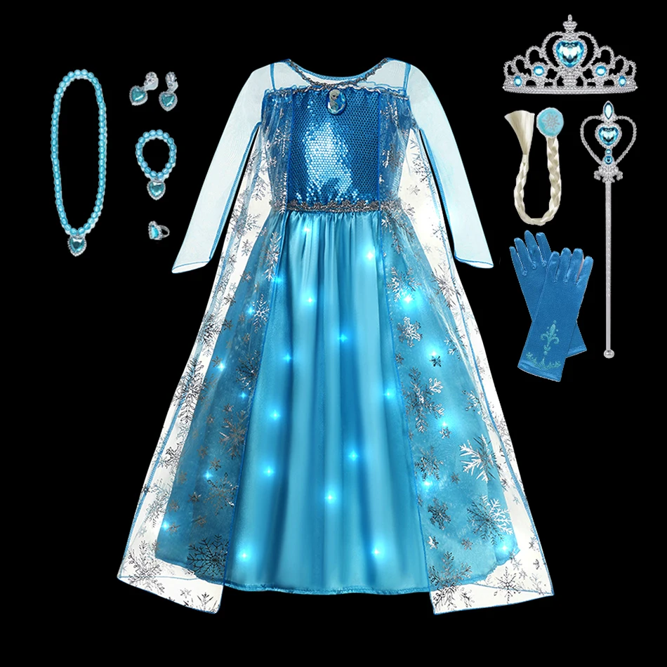 thumbnail image 1 of Disney Frozen Elsa Anna LED Light Up Princess Dress for Girls Kids Cosplay Snow Queen Birthday Party Clothes Ball Gown Costumes, 1 of 4