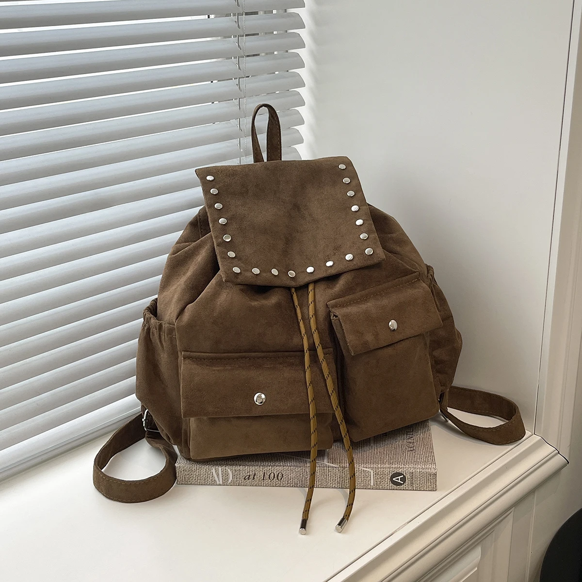 Handmade Niche Suede Korean-Style Drawstring Backpack, Lightweight Double-Pocket Simple Suede Women's Backpack, Hiking Bag for Trekking, Shopping, Outings, and Work