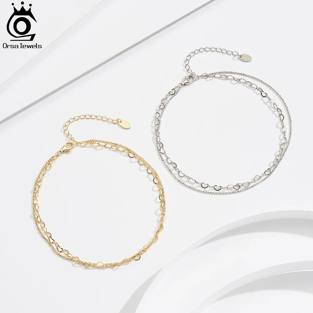 ORSA JEWELS 14K Gold Double Layer Heart Chain Anklet Adjustable Summer 925 Silver Bead Ball Chain Anklets for Women Jewelry SA66