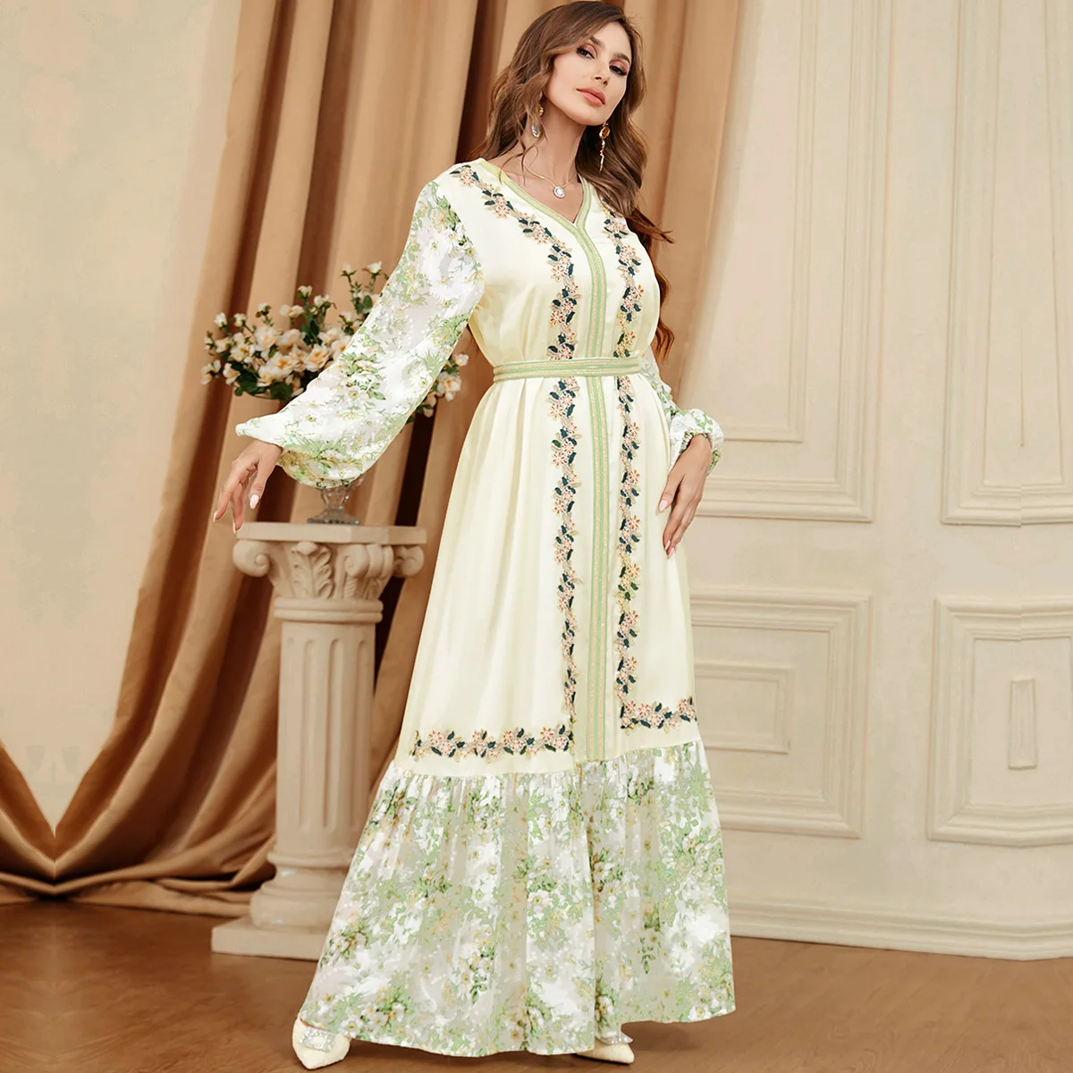 

Vintage Floral Print Abaya Women Muslim Long Sleeve Maxi Dress Turkey Arabic Kaftan Islam Eid Ramadan Party Dubai Jalabiya Gowns