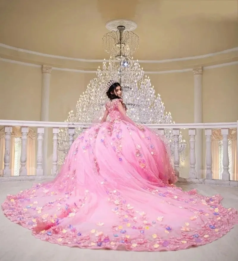 Pink Princess Quinceanera Dresses Ball Gown Off The Shoulder Tulle Appliques Floral Sweet 16 Dresses 15 A&ntilde;os Mexican Customized