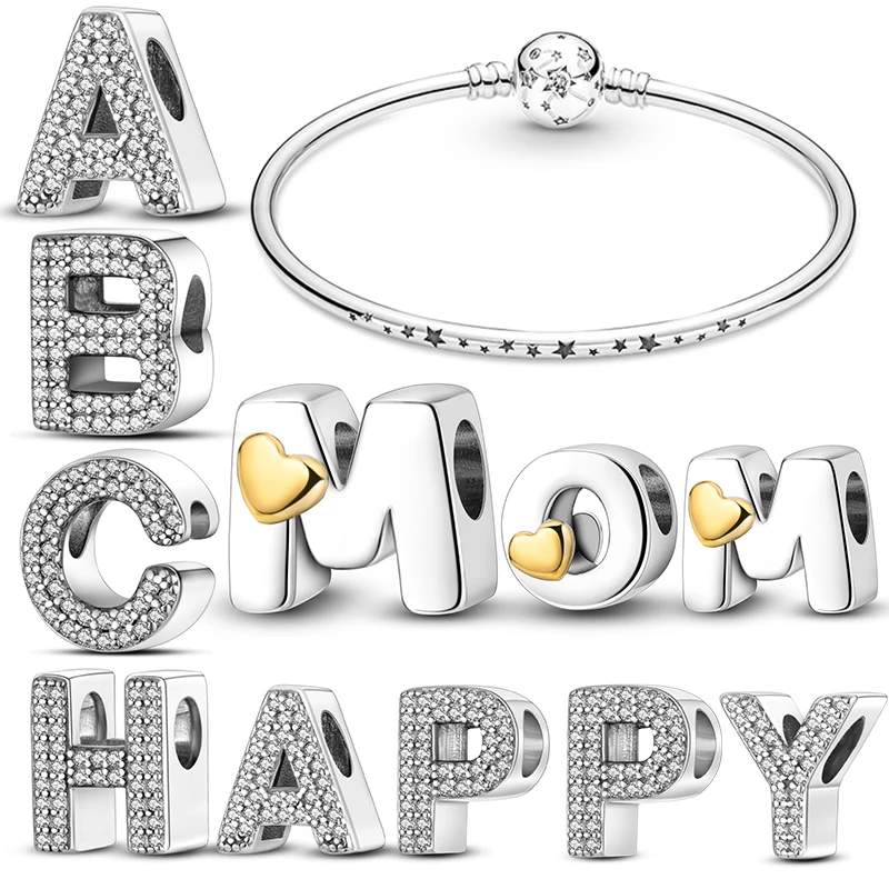 Original Bracelets Charms Plata De Ley 925 Silver 26 Alphabet Letters Charms Beads for Womens Fine DIY Birthday Jewelry Gifts