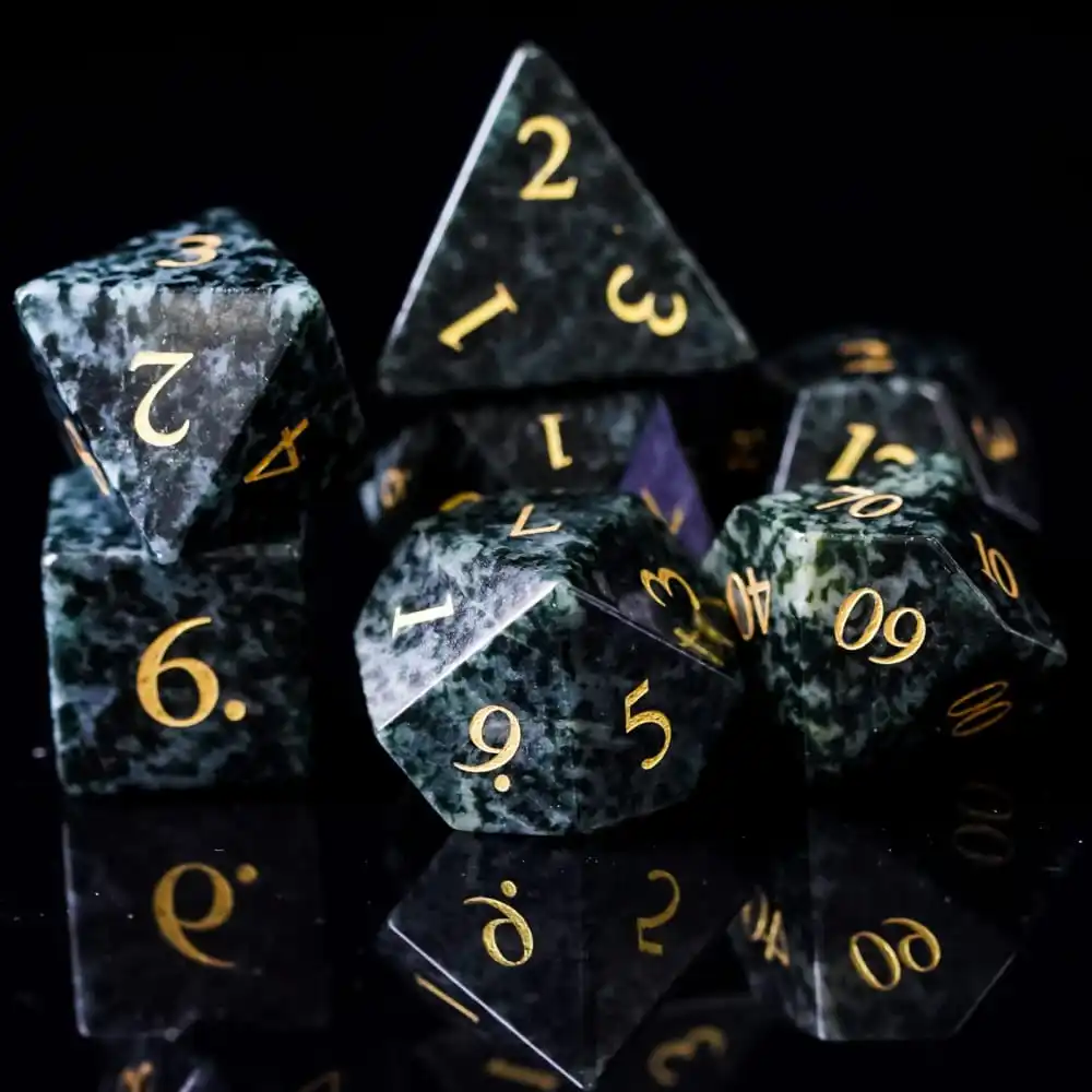 

Cusdie 7Pcs Seaweed Stone Dice, Handmade 16mm Polyhedral Dice Set with Leather Box, D&D Gemstone Dices for Collection
