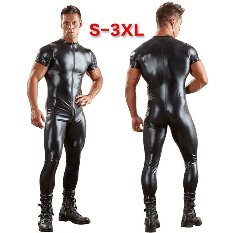 

Men Sexy wetlook Faux Leather Catsuit PVC Latex Bodysuit Gay Zipper Open Crotch Clubwear fetish hot erotic Pole Dance Lingerie