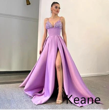 

High Slit Satin Evening Dress Spaghetti Straps Special Occasion robe soiree Islamic Dubai Kaftan Saudi Arabic Prom