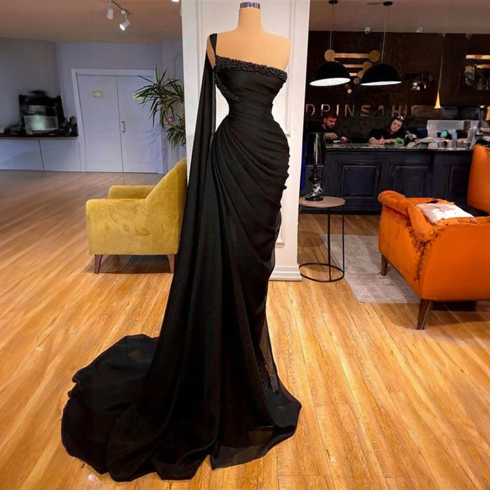 

Fashion Black Chiffon Strapless Pleated Beaded Prom Dress for Women Sexy Mermaid Court Prom Evening Gown vestidos de novia