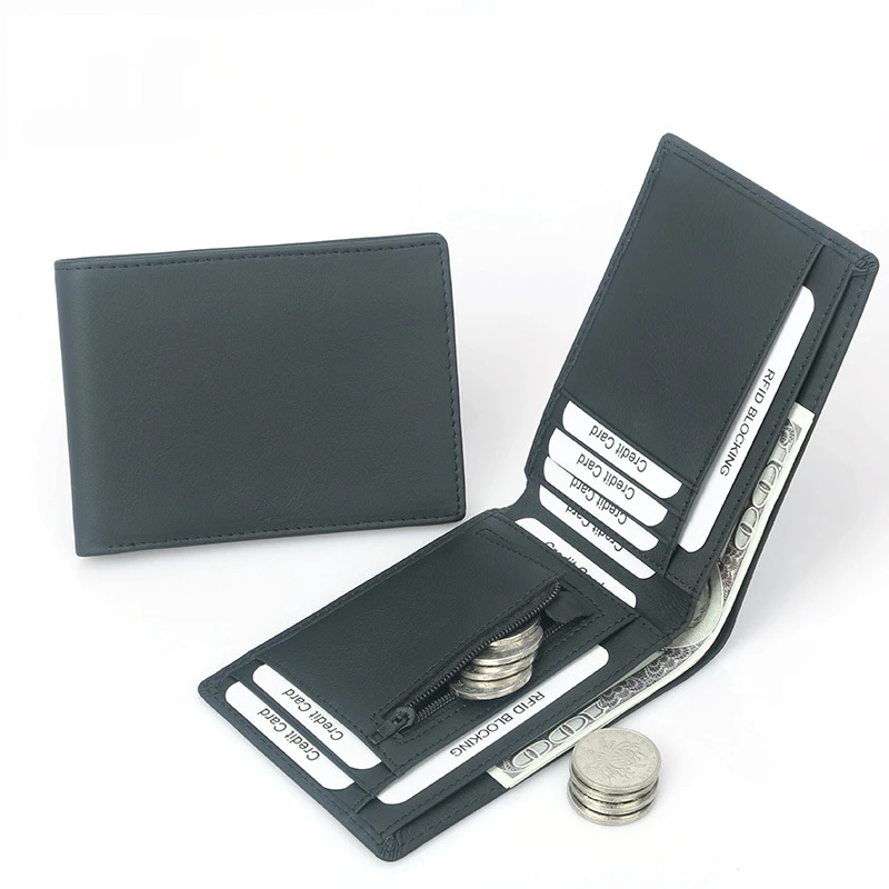 New style men's cowhide wallet RFID zipper multi card fashionable casual top layer cowhide short wallet
