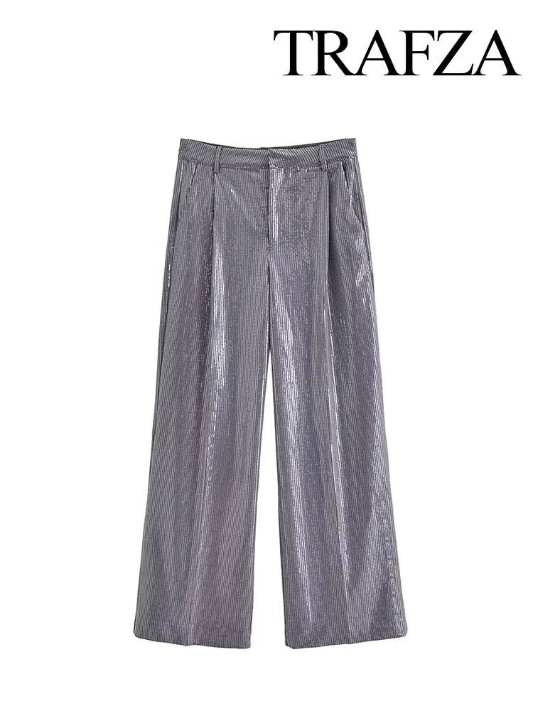 

TRAFZA Female Streetwear Full Length Pants Solid High Waist Pocket Sequin Decoration Zipper Trousers Autumn Fashion Women Pants