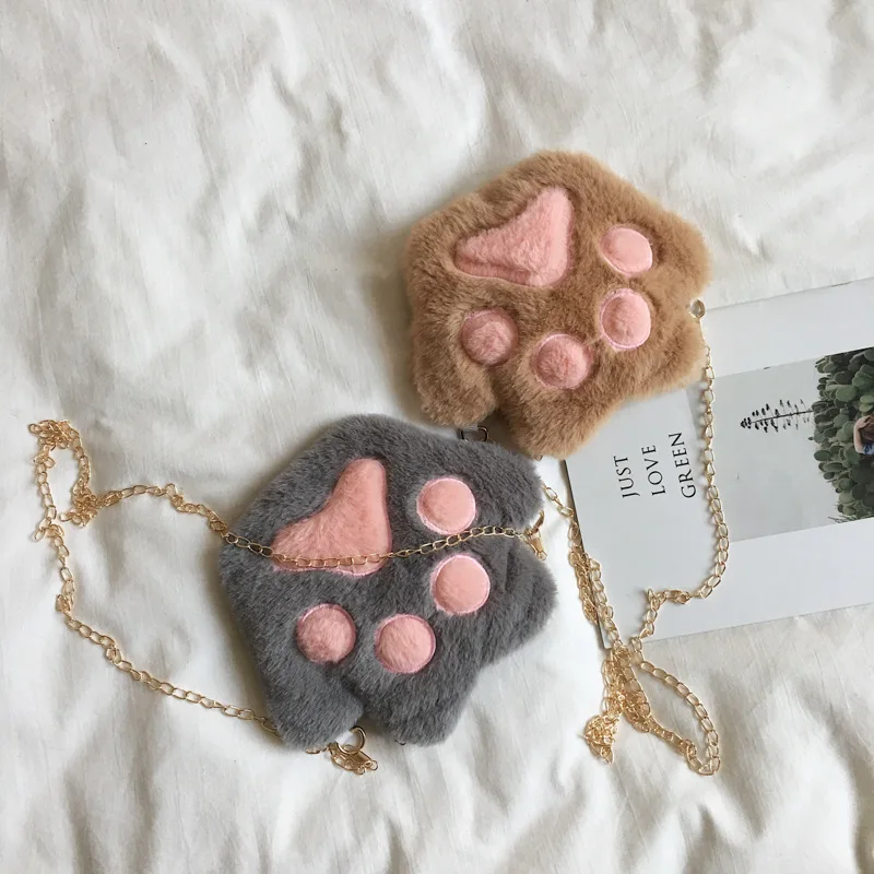 Cute Bear Paw Girls Chain Zipper Shoulder Bag Lovely Children's Soft Plush Coin Purse Baby Boys Accessories Small Crossbody Bags coin purse shoulder bags