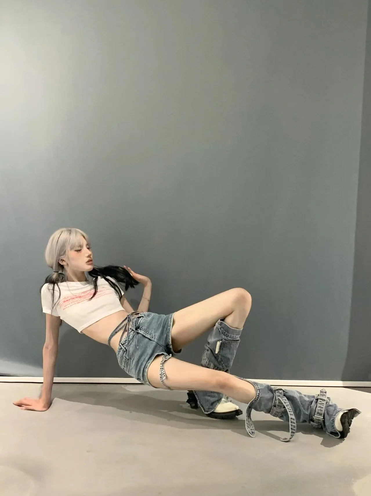 Vintage Washed Bandage Jeans Hot Girls Two Ways Wearing Shorts and Leg Cover Belt Denim Baggy Pants Streetwear Punk Goth Jeans