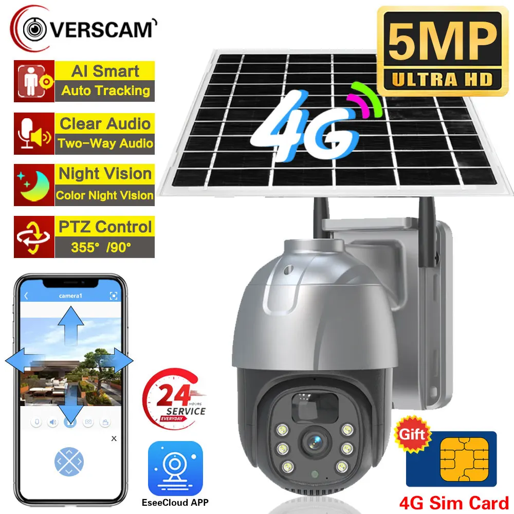 5MP PTZ 4G Solar Camera Free 4G SIM card With Solar Panel Night Vision Security Protection Camera Battery Surveillance Cameras