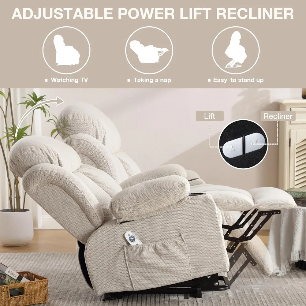 Electric Power Lift Recliner Chair for Elderly with Massage, Heating, USB Port - Oversized Sofa
