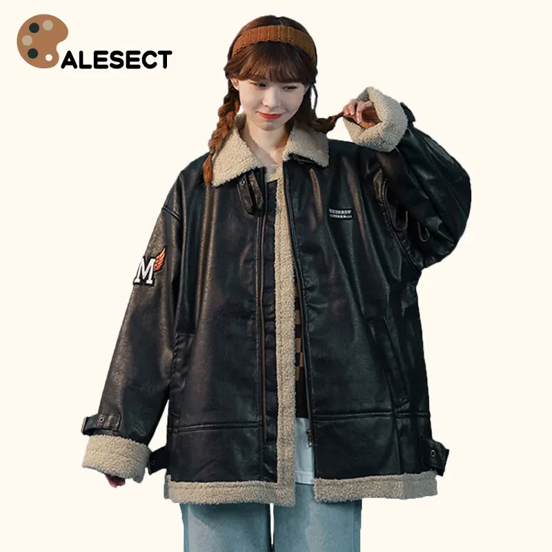 

CALESECT 2022 Women Wool Leather Jacket Female Oversize Aesthetic Winter Coat Streetwear Warm Fashion Outwear Loose Harajuku