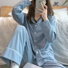 

Women Sleepwear Pajamas Femme Cotton Sky Blue Simple Lapel Lovely Love Pocket Home Clothes Autumn Winter Pijama Mujer