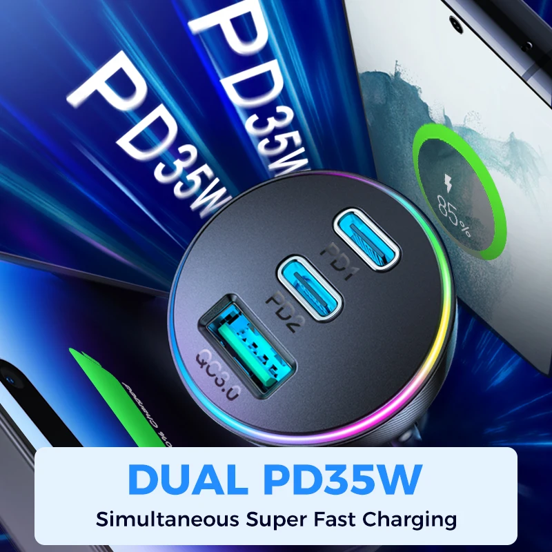 Joyroom 70W USB C Car Charger Adapter Dual PD35W & QC3.0 Super Fast Charging For iPhone 14 Pro Max/14 Plus/13 Pro Max/iPad Pro