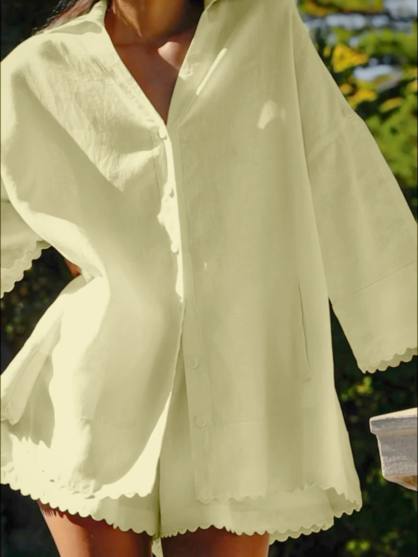 Marthaqiqi Causal Women'S Pajamas 2 Piece Set Turn-Down Collar Sleepwear Long Sleeve Nightgowns Shorts Cotton Ladies Pijama Suit