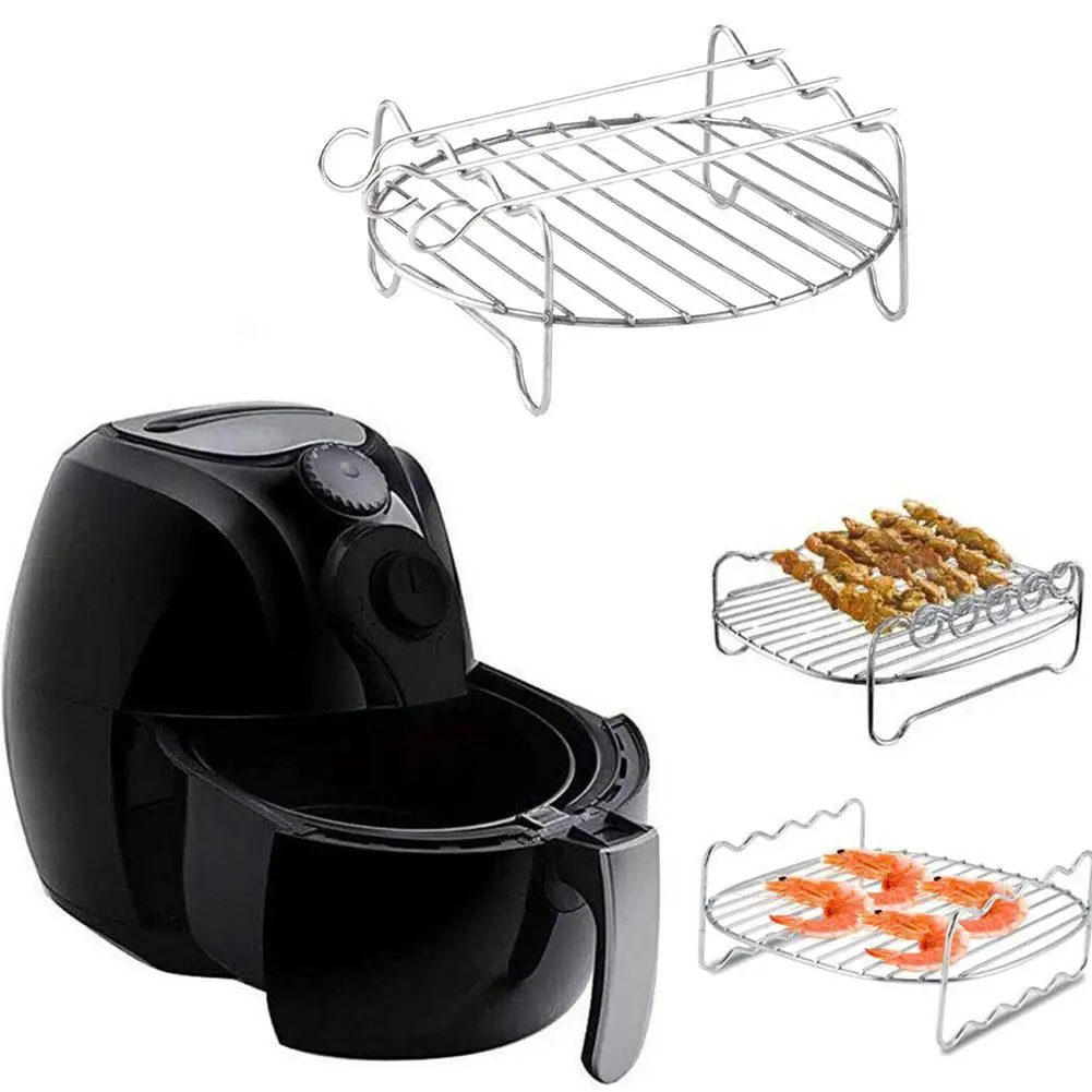 Round Steel Air Fryer Rack Versatile Double Layer Rack With Skewers Airfryer Accessories Baking Tray Air Fryer Holder
