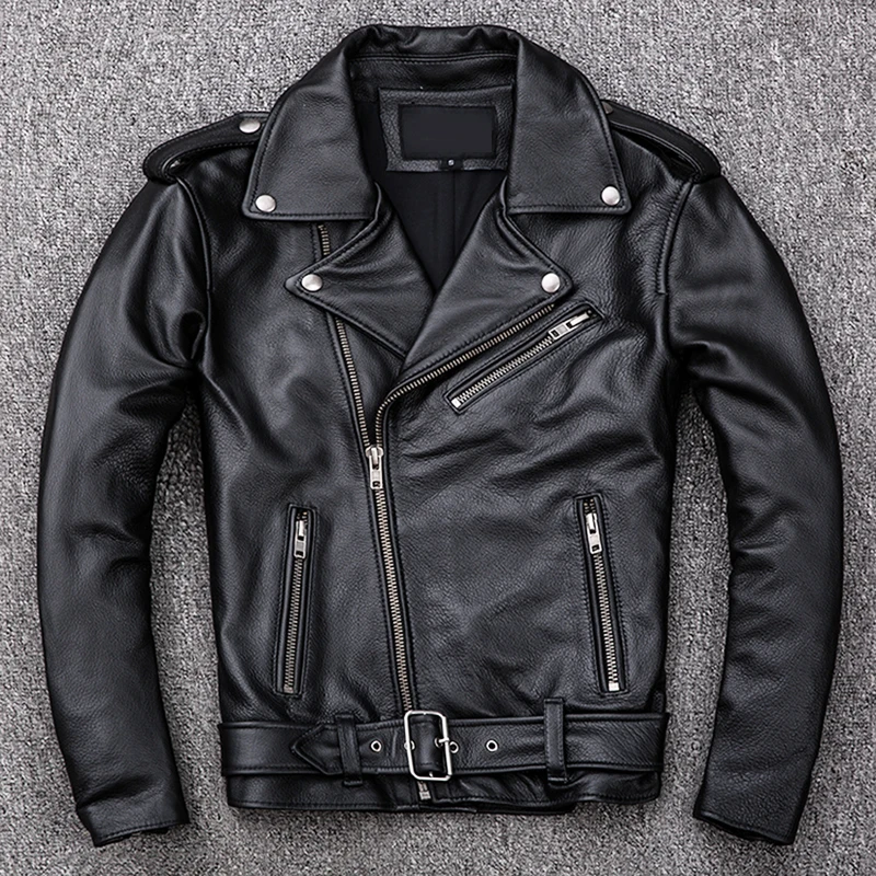 Spring Classical Motorcycle Oblique Zipper Jackets Men Leather Jacket Natural Calf Skin Thick Slim Cowhide Moto Biker Jacket Man fajarina quality cow skin genuine leather men cowhide automatic style 35mm belts without holes