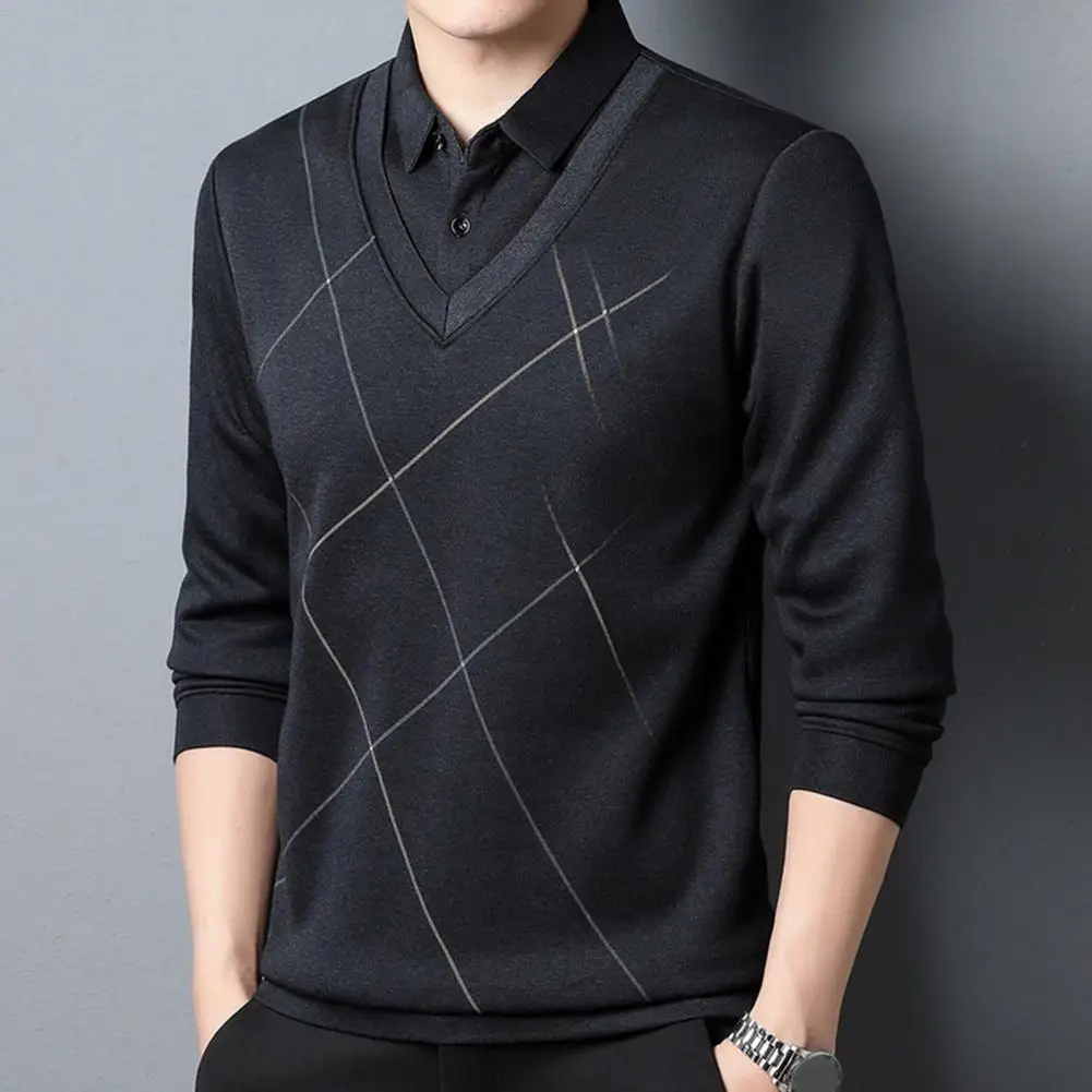 Men Thick Shirt Men Long-sleeved Shirt Business Style Men's Pullover with Fake Two-piece Design Turn-down Collar for Winter
