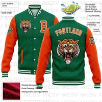 Custom Kelly Green-Orange Varsity Bomber Jacket | 3D Pattern Full-Snap Letterman Coat - Image 2