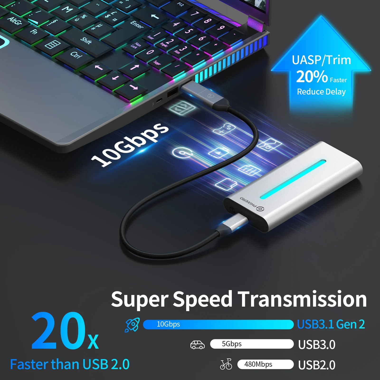 PHIXERO M.2 Nvme SSD  ϵ ̺ ̽, M Ű to USB 3.1 GEN2, C Ÿ Ŭ, HD ũ Ͽ콺 丮 ڽ, RGB Ŀ, 10GB M2