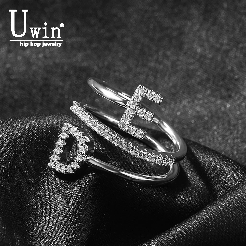 Uwin Custom 2 Letters Rings For Valentine's Day Iced Out Cubic Zirconia Rings Resizable Fashion Charm Jewelry Gifts modyle punk geometric silver color chain wrist rings for women men charm hip hop chain open rings set couple fashion jewelry