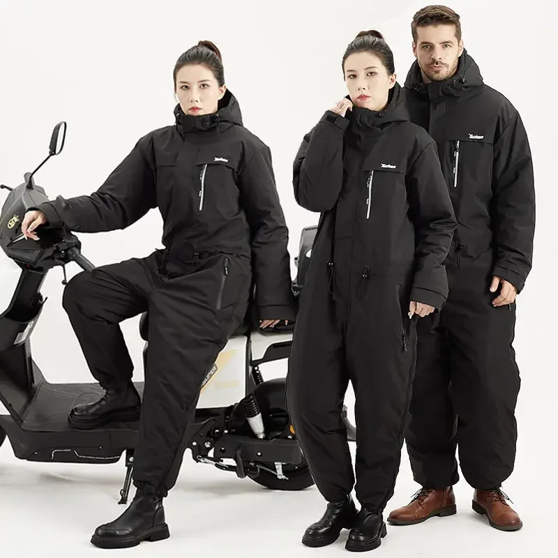 성인용 전기 자동차 오토바이 원피스 세트, 따뜻한 봉제 라이딩 스플릿 레그 사이클링 세트 나이트 레이싱 모토 라이딩 의류, 겨울