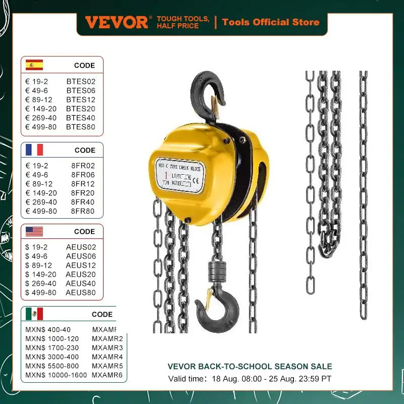 VEVOR Palan à Chaîne Manuel 1 Tonne - Capacité 1T, Hauteur Levage 5.6m, Chaîne G80, Crochet Rotatif 360°