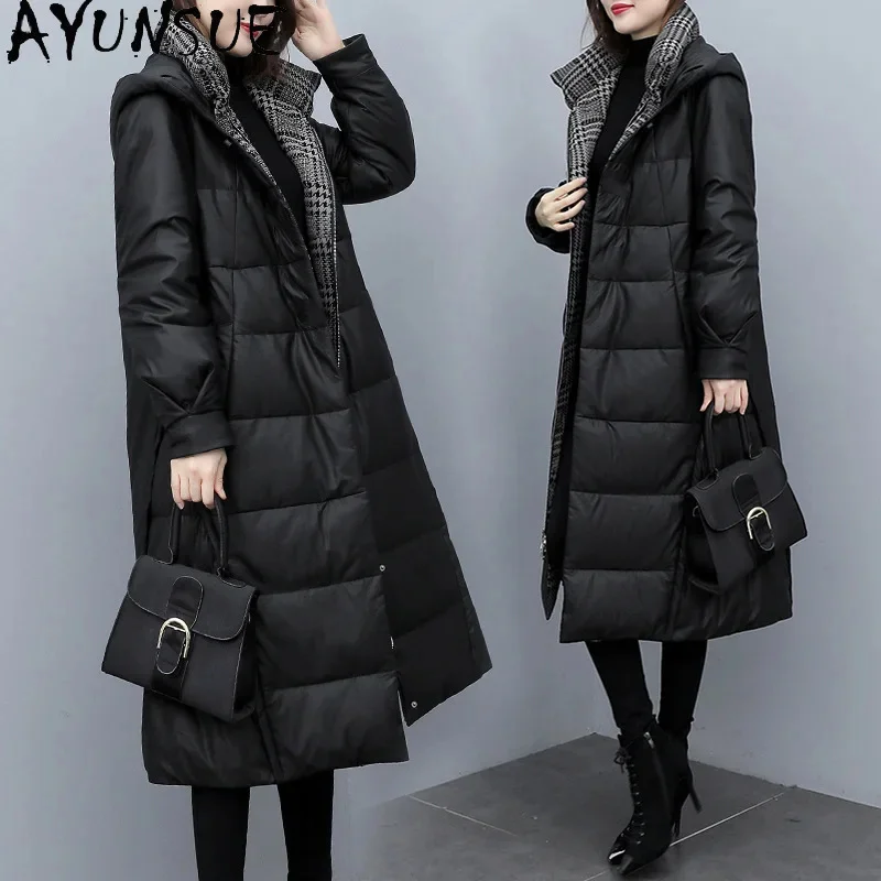 

Real AYUNSUE Sheepskin Leather Down Jacket Women Winter A-line Long White Duck Coats Hooded Korean Style Roupas Femininas
