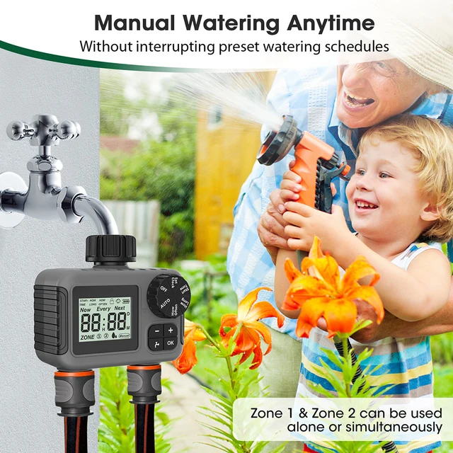 2-Outlet Mini Garden Water Timer Auto/Manual Intelligent Irrigation Watering System Sprinkler Timer Programmer LCD Display 3