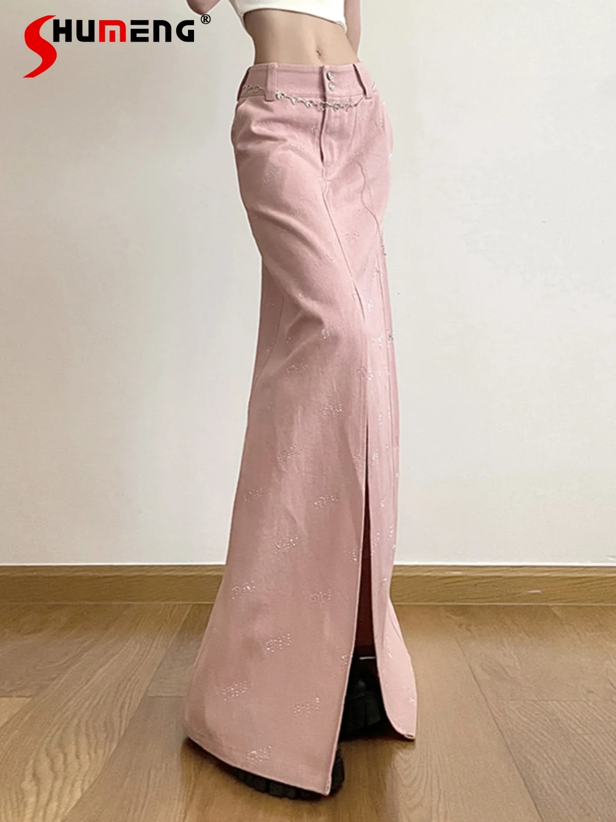 

Woman Sweet Pink Denim Long Skirt 2024 Spring New Elgant Two-Button High Waist Slimming Straight Split Jean Skirts for Women