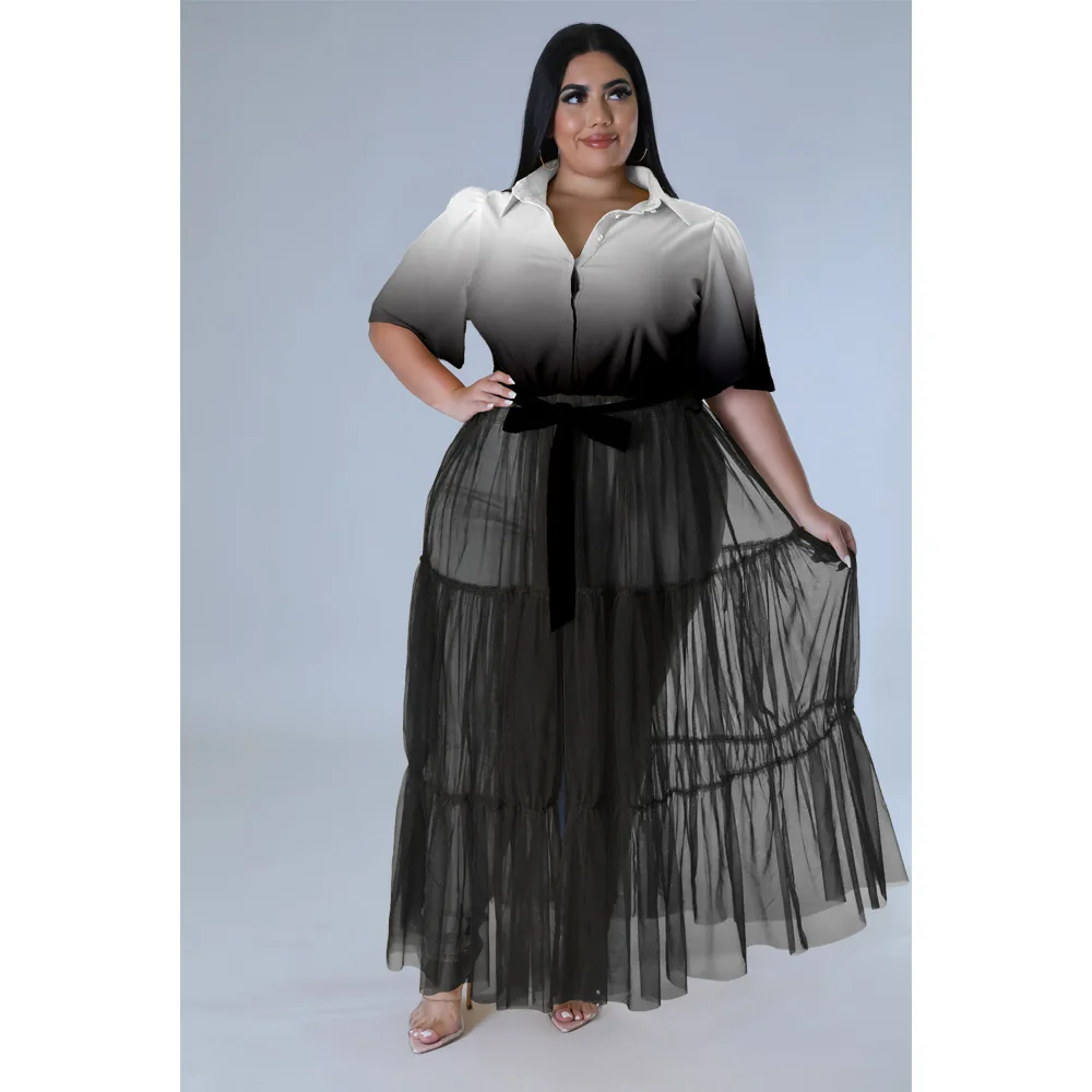 Plus Size Women Party Dress Tie Dye Mesh Elegant Dress Female Fashion Blouse Casual Graffiti Gowns 2022 Summer Belt Outfit