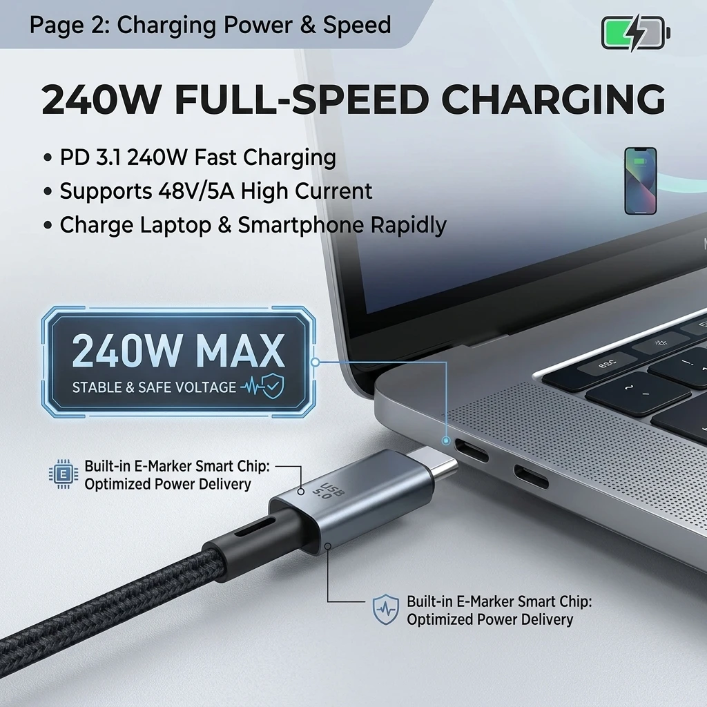 Ultra-Speed 240W USB Type C to Type C Cable with Fast Charging & 16K Video Support