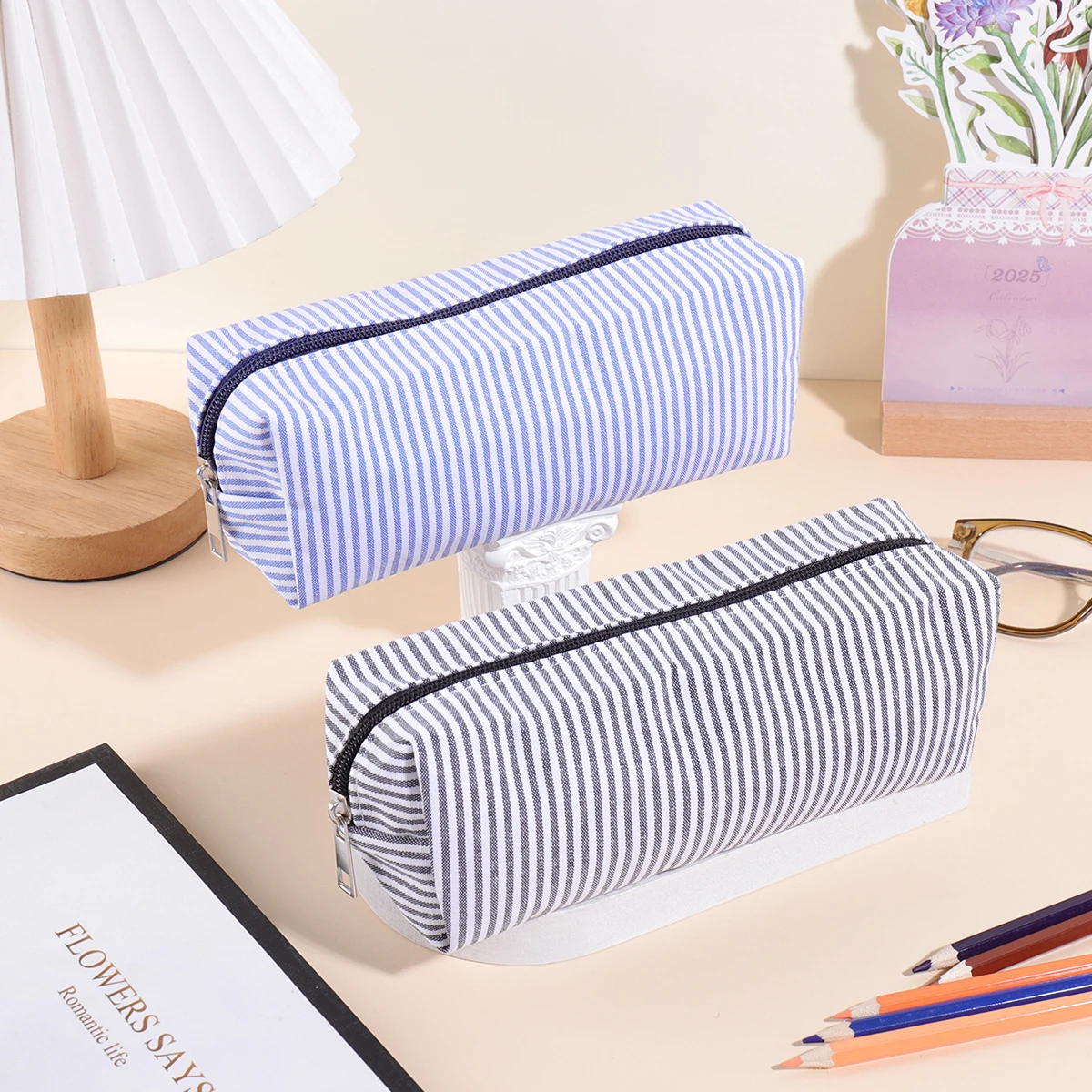 시어서커 대용량 필통, 학생용 스트라이프 패턴 학교 사무실 문구류 보관, 휴대용 캠퍼스 핸드백