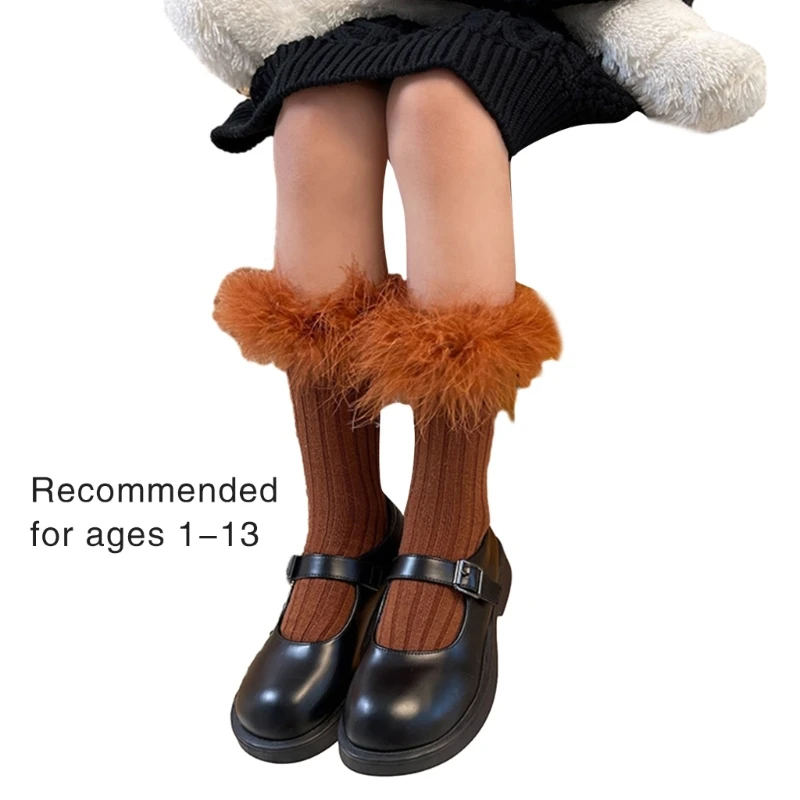 1 Pair Children's Feathered Socks Lace Trimmed Knee High Piled Up Socks for Daily Wear Parties and Dance Performances children knee high socks children items