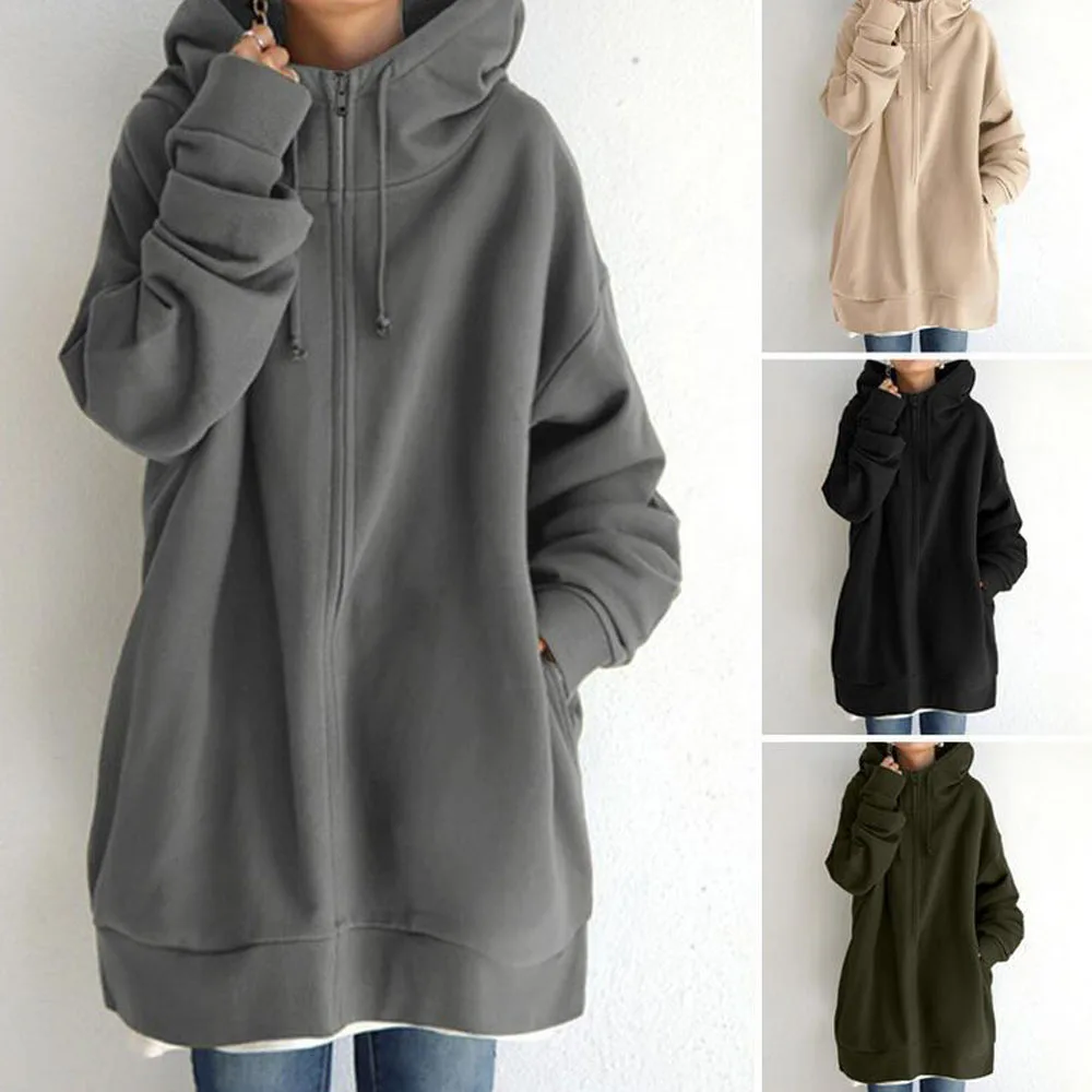 Women Autumn Hooded Coat Velvet Long Sleeve Zipper