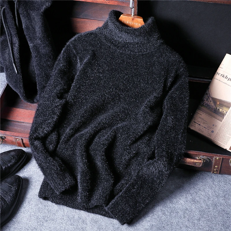 Mink Fur Turtleneck Sweater Men's Thickened Winter Keep Warm Pure Color Knitwear Men's Fashion