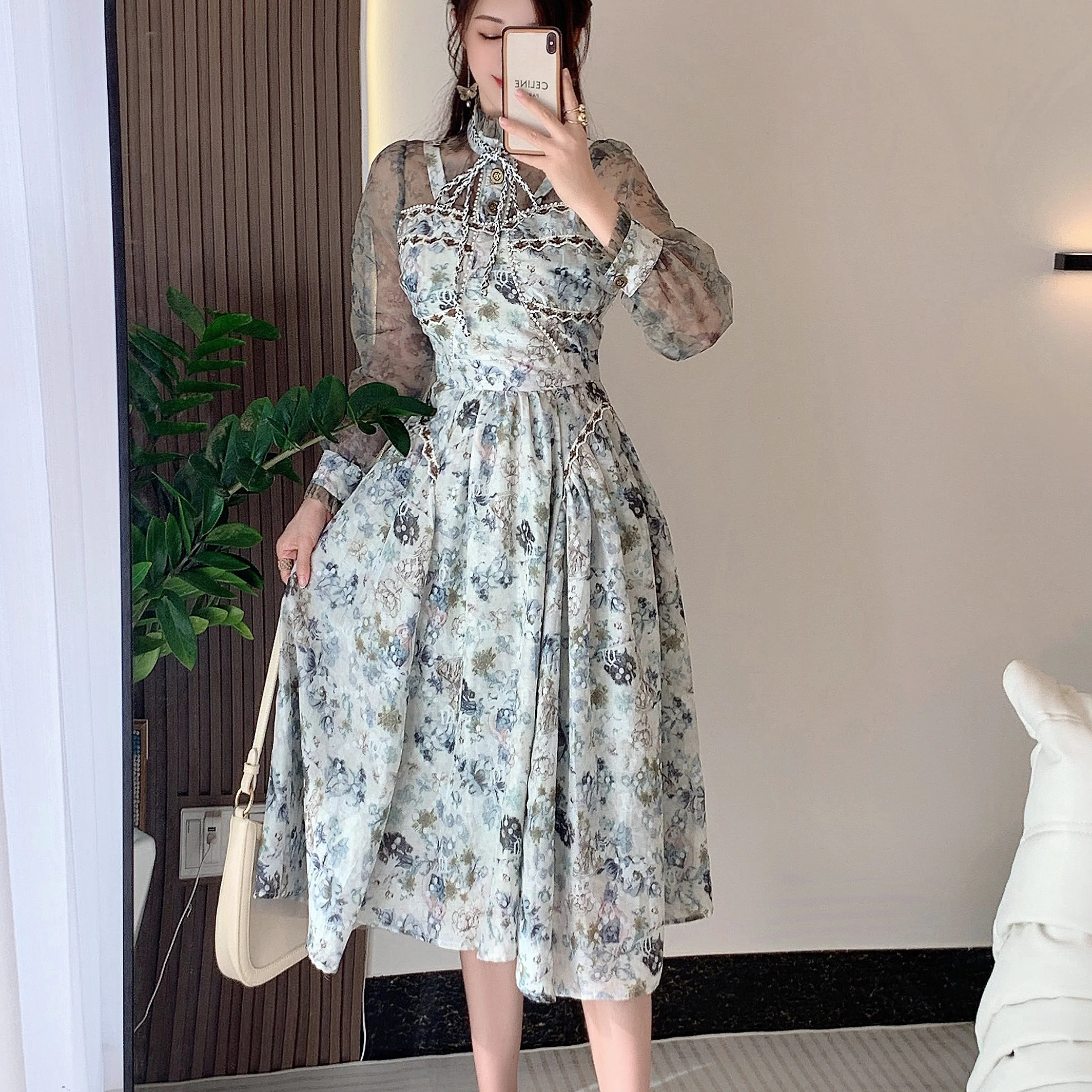 

Vintage Autumn Floral Print Mesh Stitching Mid-long Dress Women's Beaded Long Sleeve Vacation One Piece Slim A-line Party Dress