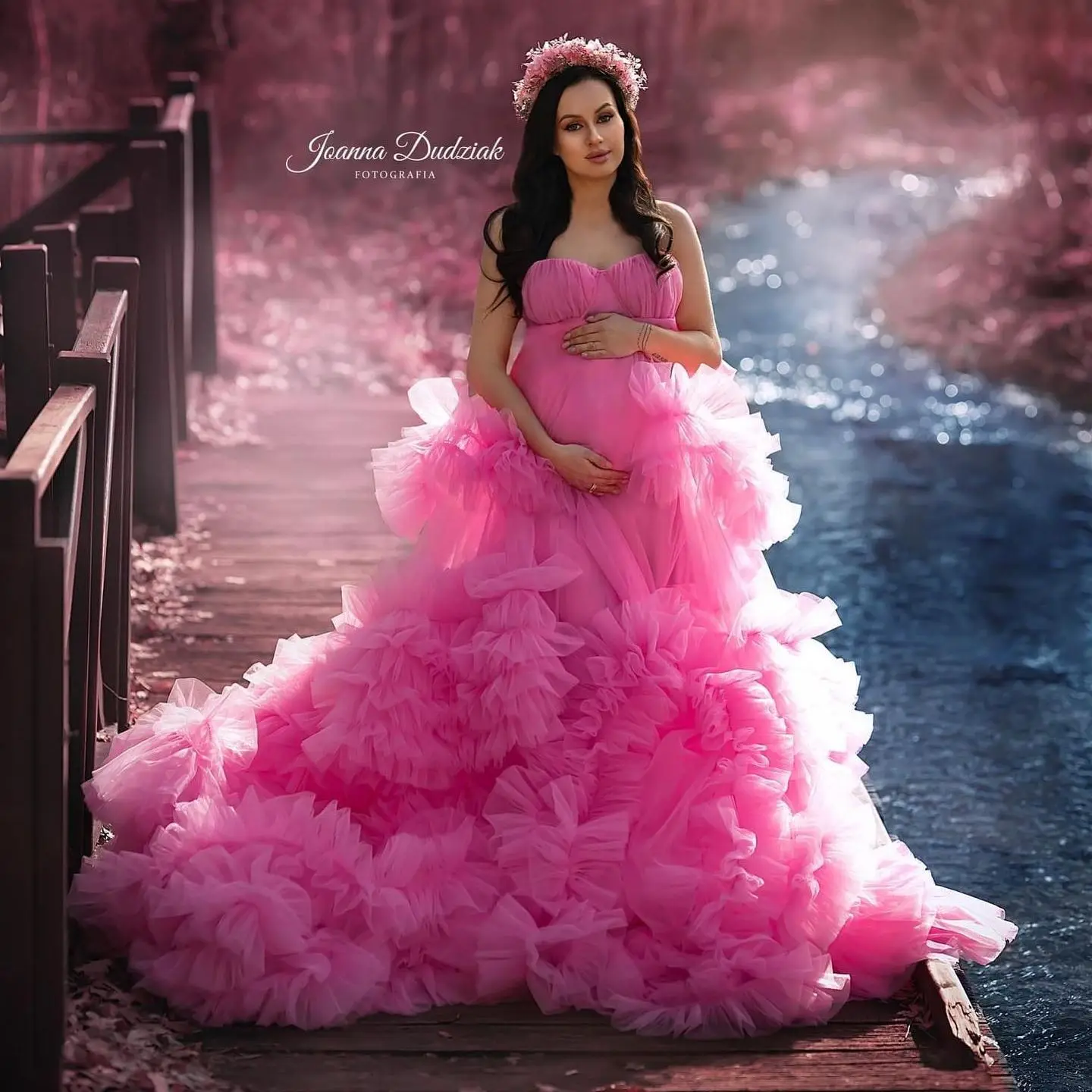 

Hot Pink Maternity Dress for Photoshoot Sweetheart Lush Tulle Prop Pregnancy Babyshower Dress Luxury Bathrobe Gowns