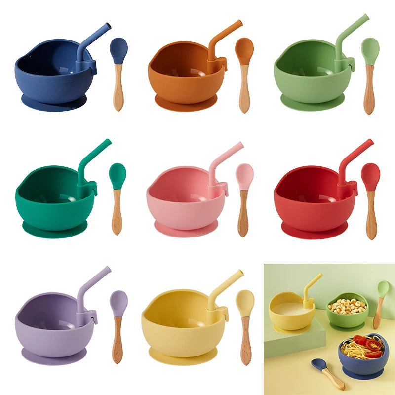 

Silicone Baby Dinner Plate Sucker Bowl with Straw Spoon Set AntiSlip Toddler Infant Training Feeding Tableware Kids Plate Dishes