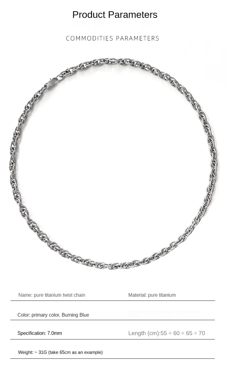 New 7mm TA1 Pure Titanium Twist Chain Necklace Fashion Anti-Allergy Skin Friendly No Rust Men Women Titanium Chains Necklaces