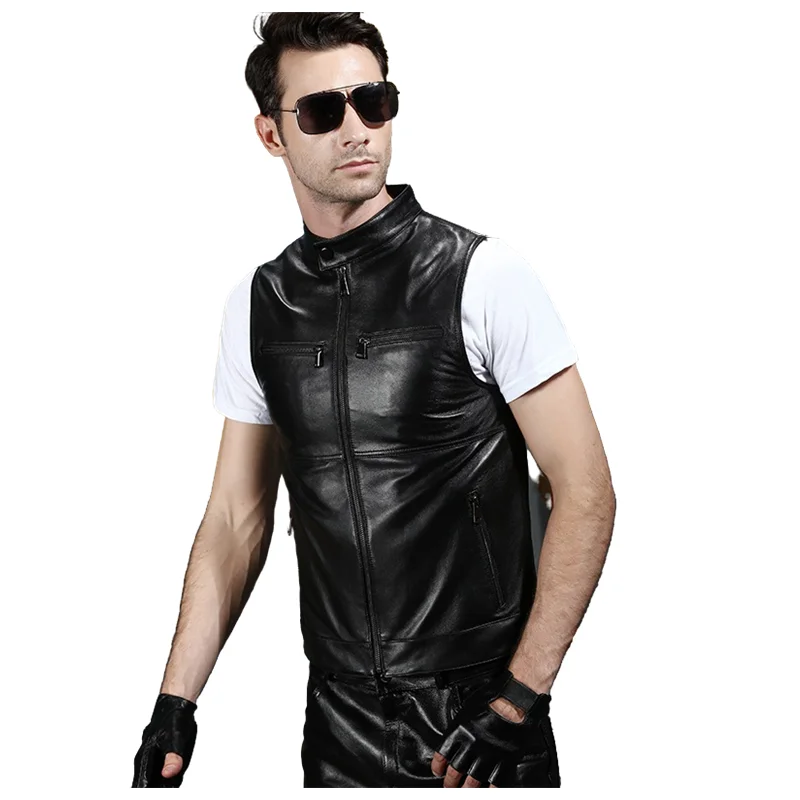 Real Leather Vest with Stand Collar for Youth, Leisure Cowhide, Handsome Short Vest, Mmotorcycle Vest, Spring and Autumn kelly bag bag with shoulder strap diagonal belt cowhide bag with pure steel original buckle leather is soft and comfortable