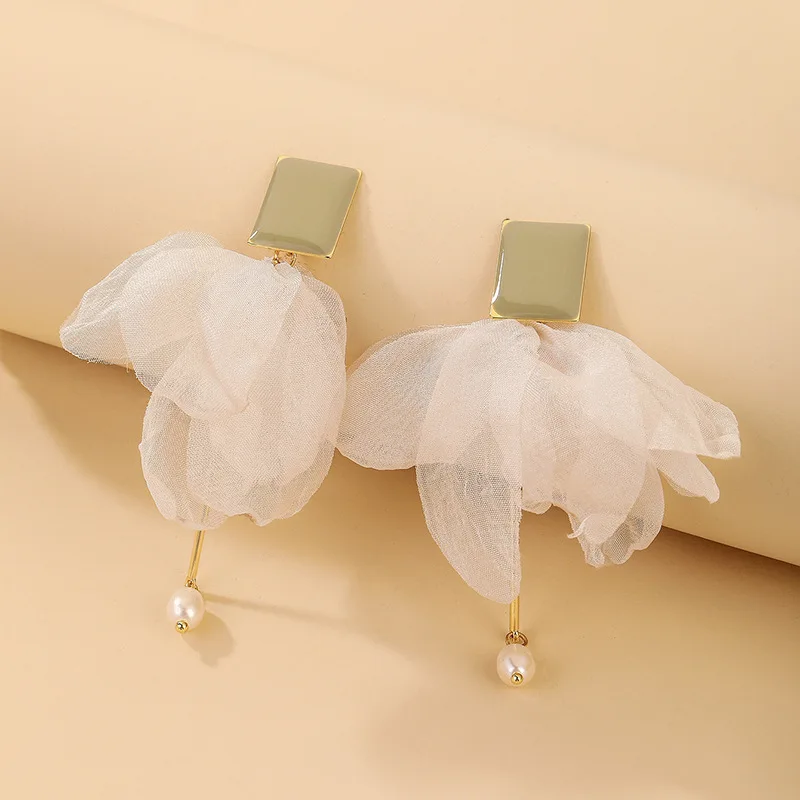 

European and American Women's Pearl Organza Fabric Bow Eardrops Ins Earrings