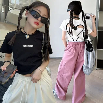 summer designer cotton kids girls t shirt natal clothes Korean teenager girl hole Love short Top tees childer clothing 10 12 14