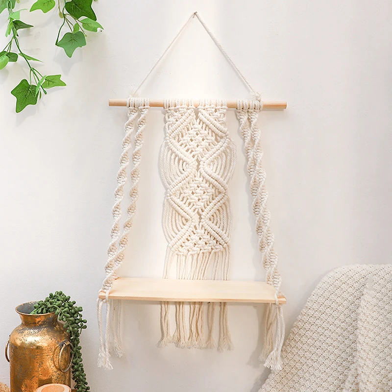 

1pc Boho Cotton Rope Woven Plant Hanger DIY Handmade Tassel Macrame Tapestry Wall Hanging Shelf Wood Floating Shelf Wall Decor