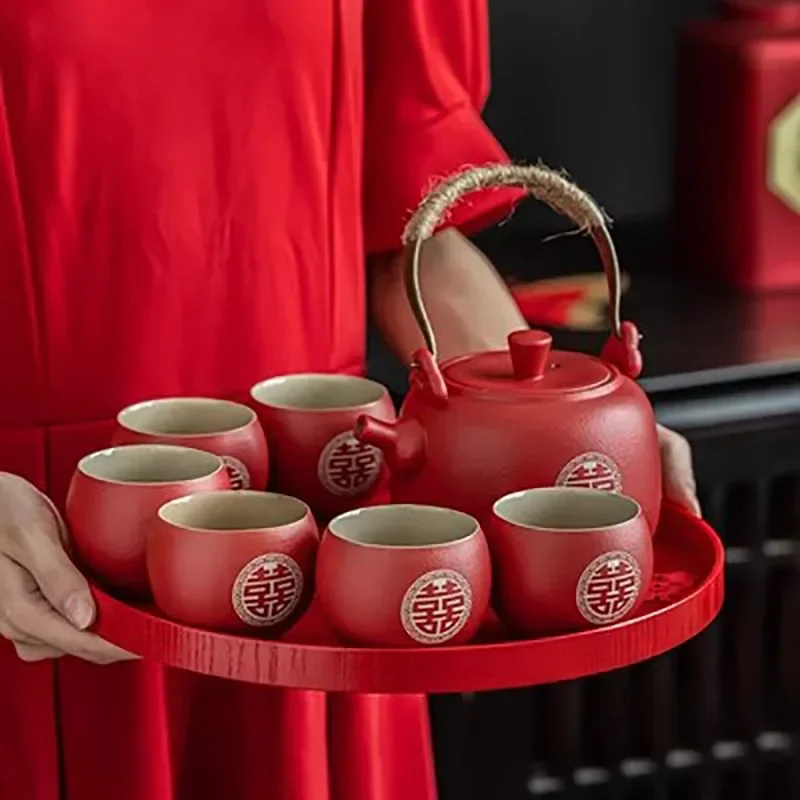 Chinese Style Ceramic Tea Filter Pot Set, Tea Household Pot and Set, Cup Red Gifts, Teaware Wedding, A of Eight Cups